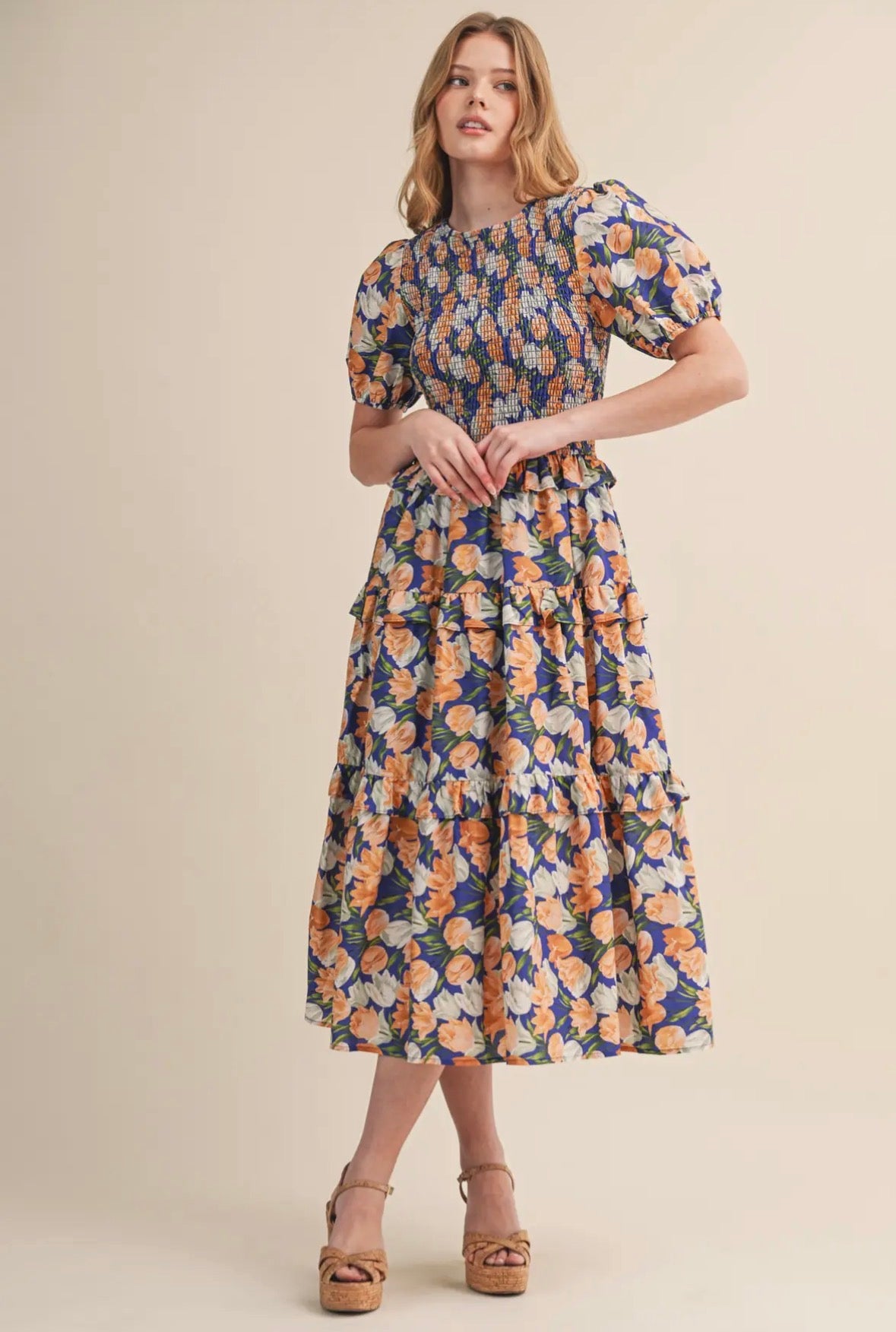 Floral Smocked Bodice Midi Dress