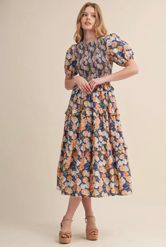 Floral Smocked Bodice Midi Dress
