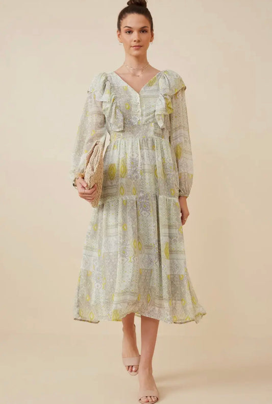 Women’s Patch Print V Neck Ruffled Long Sleeve Dress