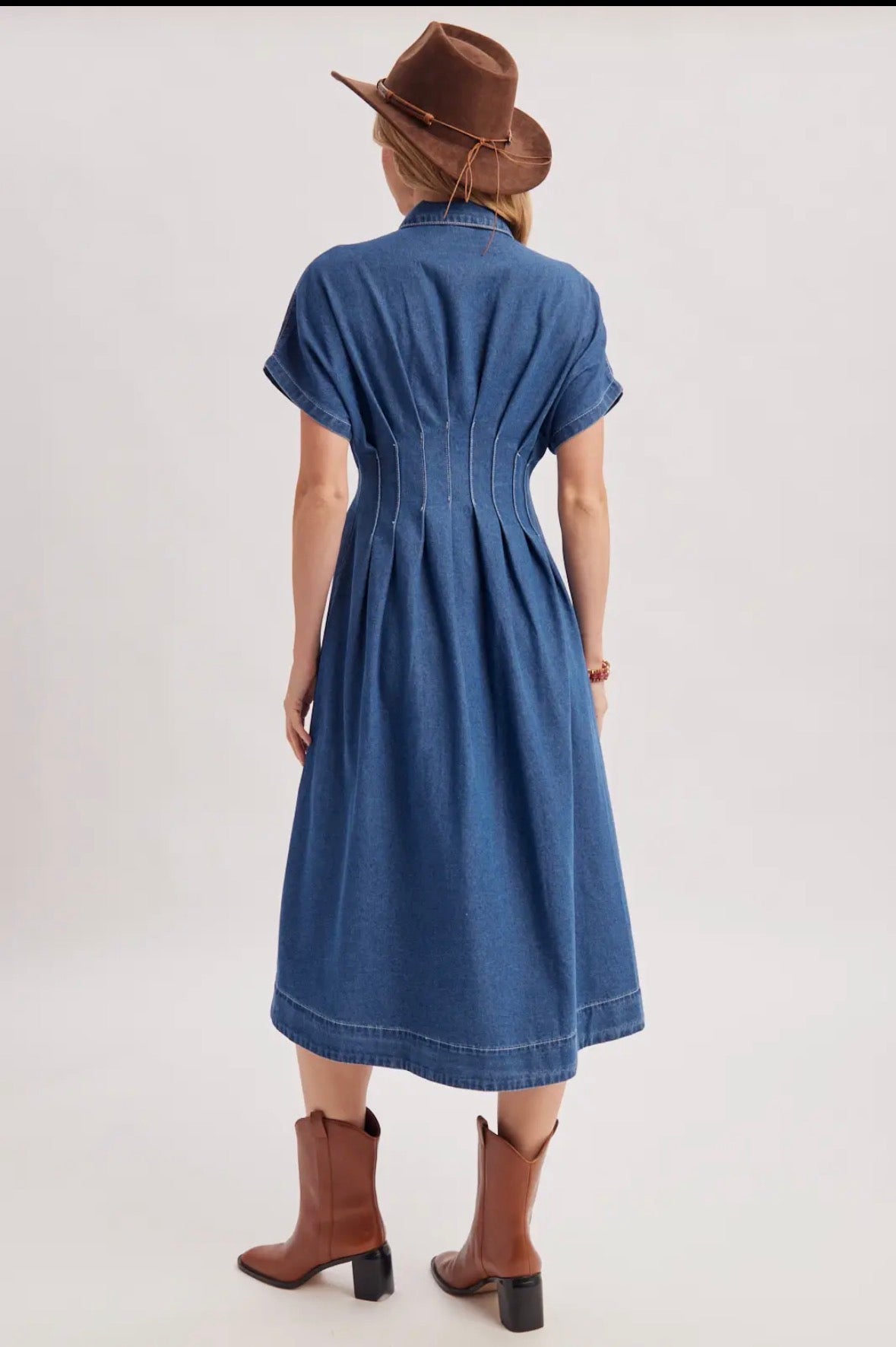 Button Down Pleated Waist Denim Shirt Dress