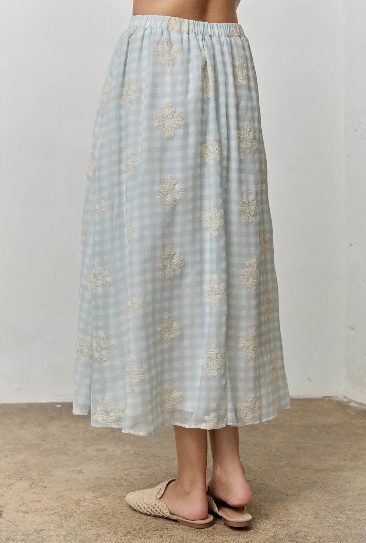 Floral Gingham Elastic Back Waist Midi Skirt