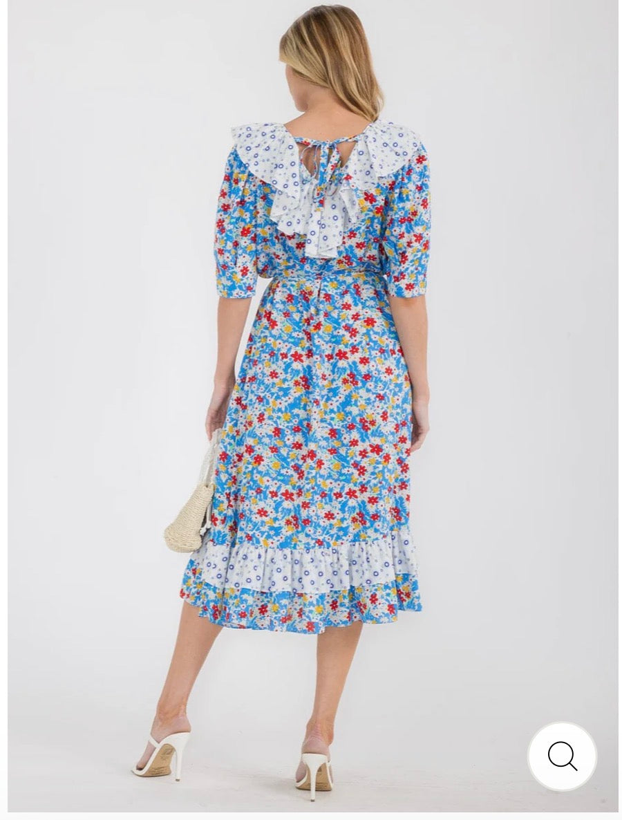 V-Neck Ruffle Colorblock Floral Midi Dress