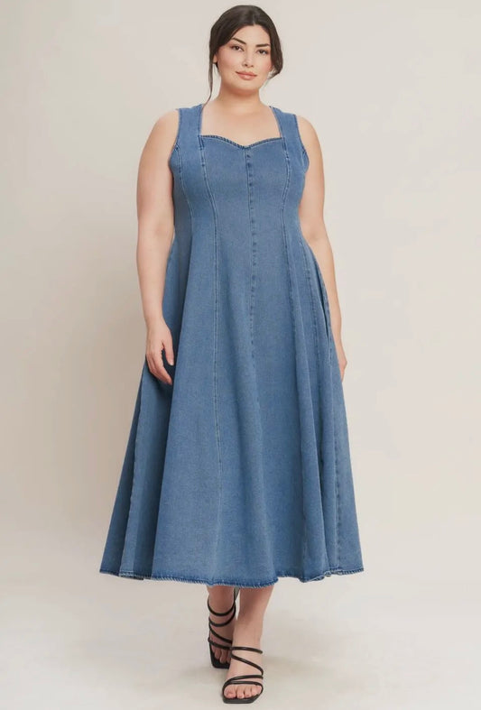 A Washed Denim Midi Dress *Plus*
