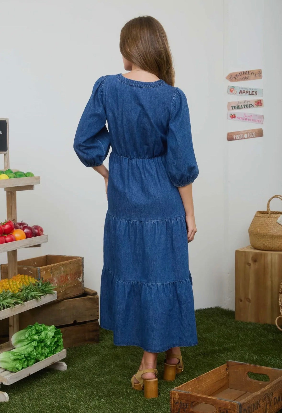 Front Tie 3/4 Sleeve Tiered Denim Dress