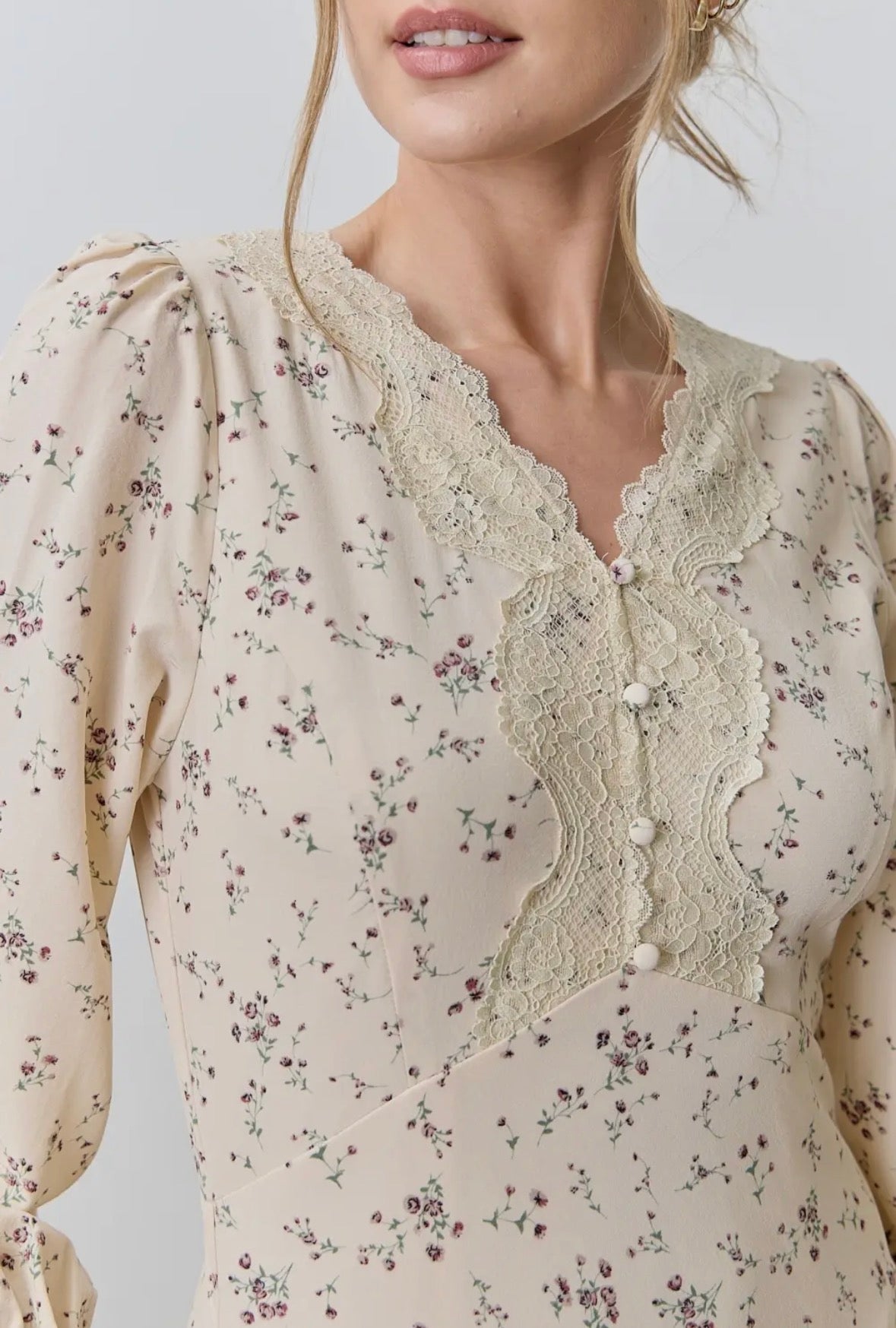 Lace Trim Floral Print Midi Dress
