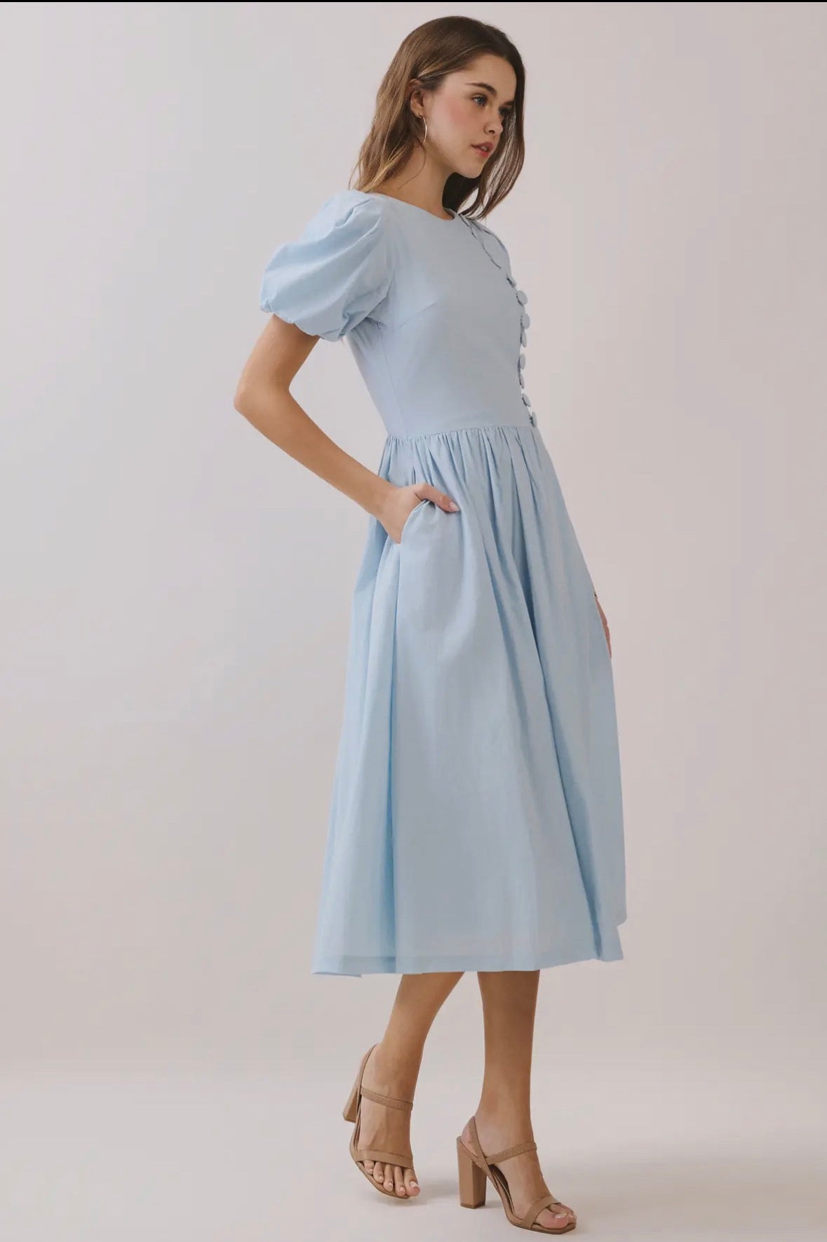 Puff Sleeve Round Neck Faux Button Detail Dress *Missing a Button on Sale For 15% off, Mark down included*