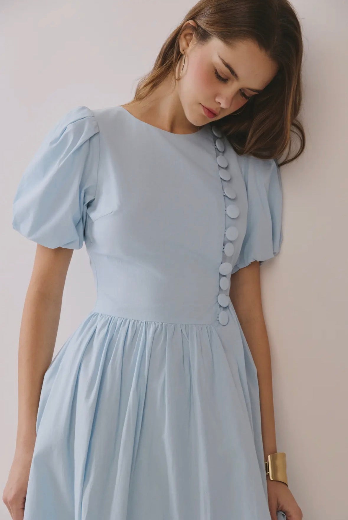 Puff Sleeve Round Neck Faux Button Detail Dress *Missing a Button on Sale For 15% off, Mark down included*