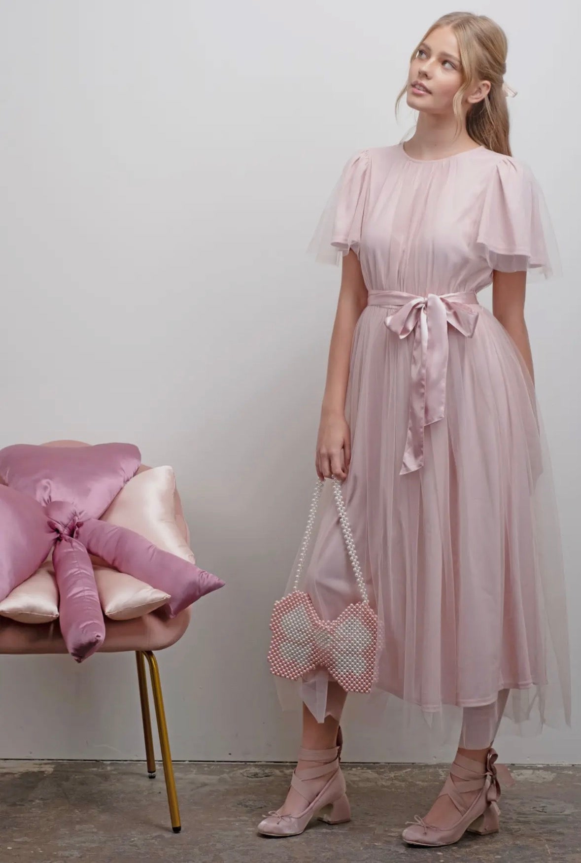Waist Tie Tulle Short Sleeve Midi Dress