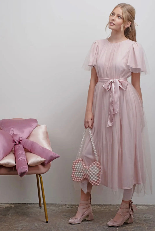 Waist Tie Tulle Short Sleeve Midi Dress