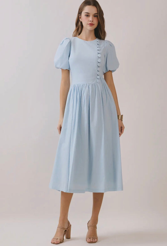 Puff Sleeve Round Neck Faux Button Detail Dress